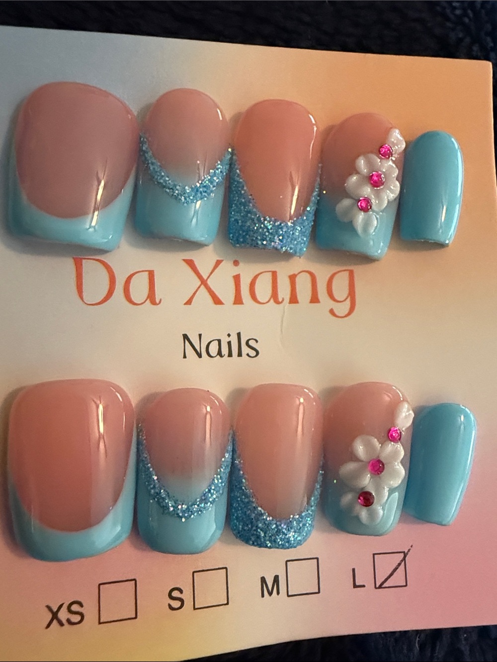 Blue & Nude Floral Glitter handmade acrylic Press-On Nails